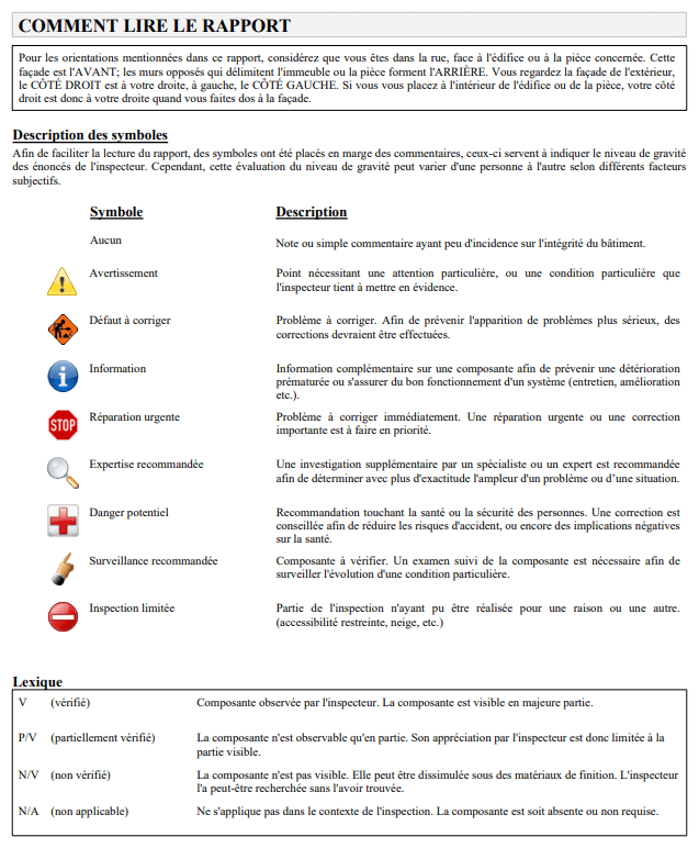 Liste des symboles, et de leurs significations, utilisés dans un rapport d'inspection.