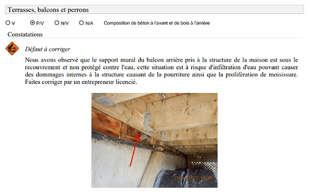 Exemple d'une constatation d'un défaut à corriger.